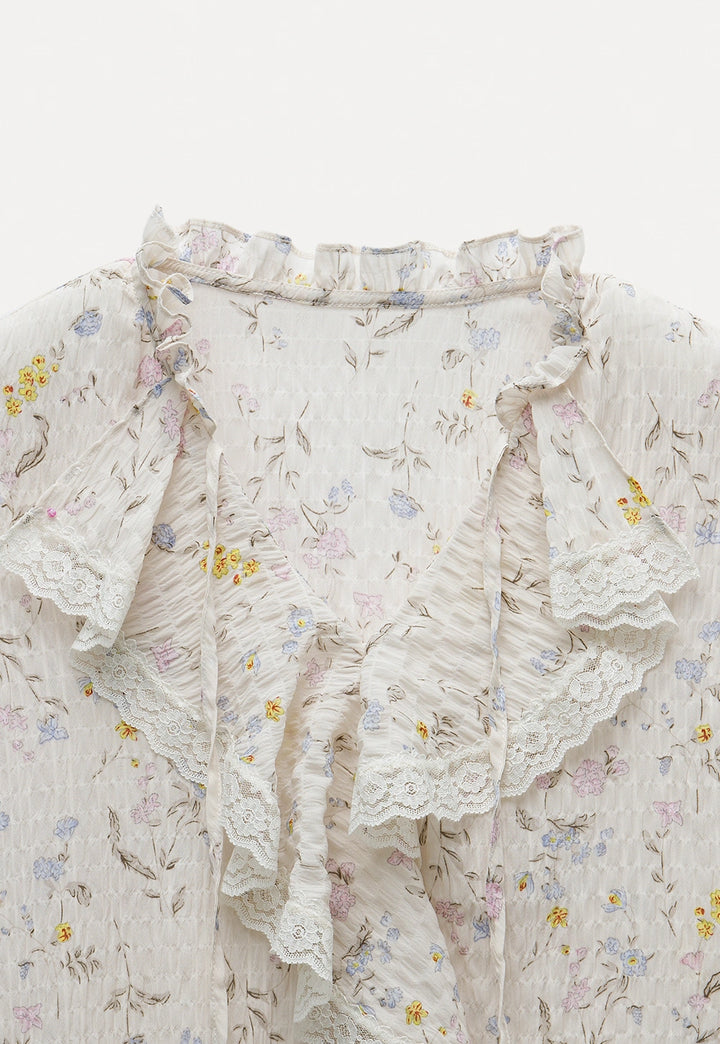 Women's Floral Ruffle Lace V-Neck Long-Sleeve Blouse