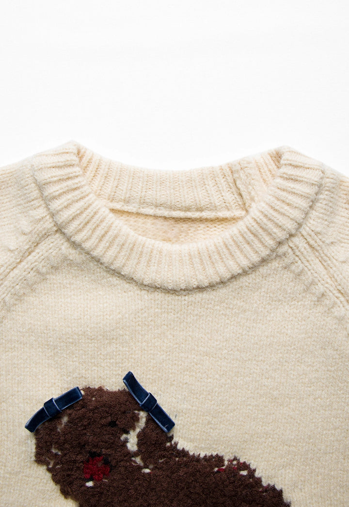 Women's Crew Neck Dog Patterned Loose Fit Pullover Sweater
