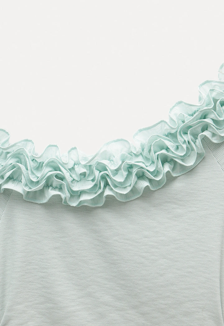 Ruffled Off-Shoulder Fitted Knit Top