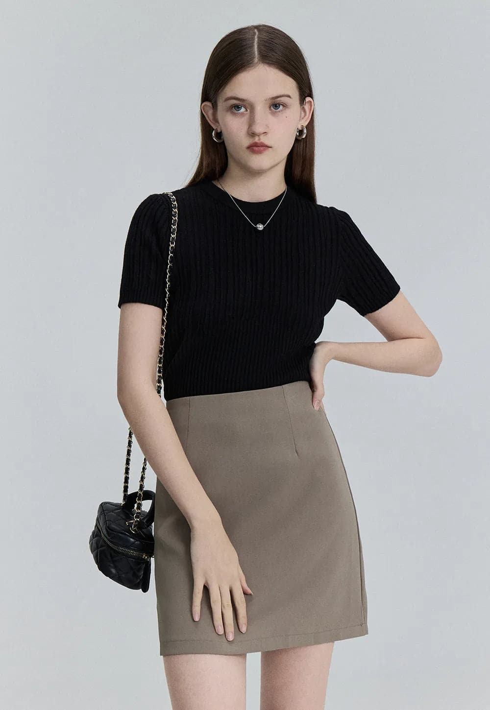 Classic Ribbed Crewneck Short-Sleeve Knit Top