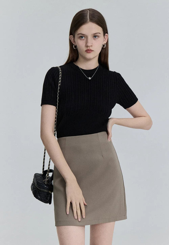 Classic Ribbed Crewneck Short-Sleeve Knit Top