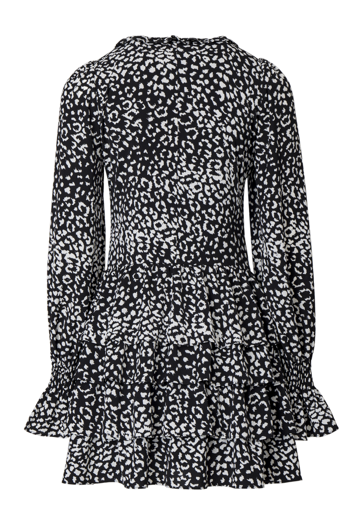 Monochrome Print Ruffle Long Sleeve Dress