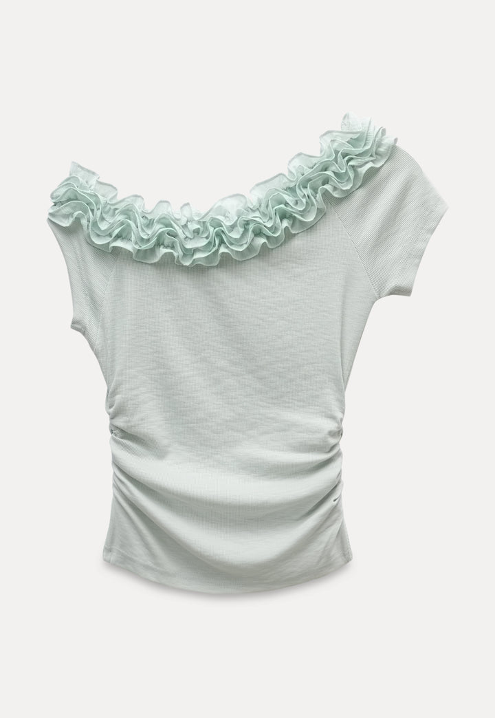 Ruffled Off-Shoulder Fitted Knit Top