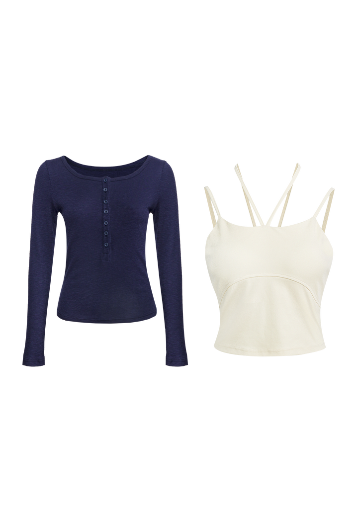 Women's Button-Up Ribbed Long Sleeve & Strappy Knit Tank Top Set