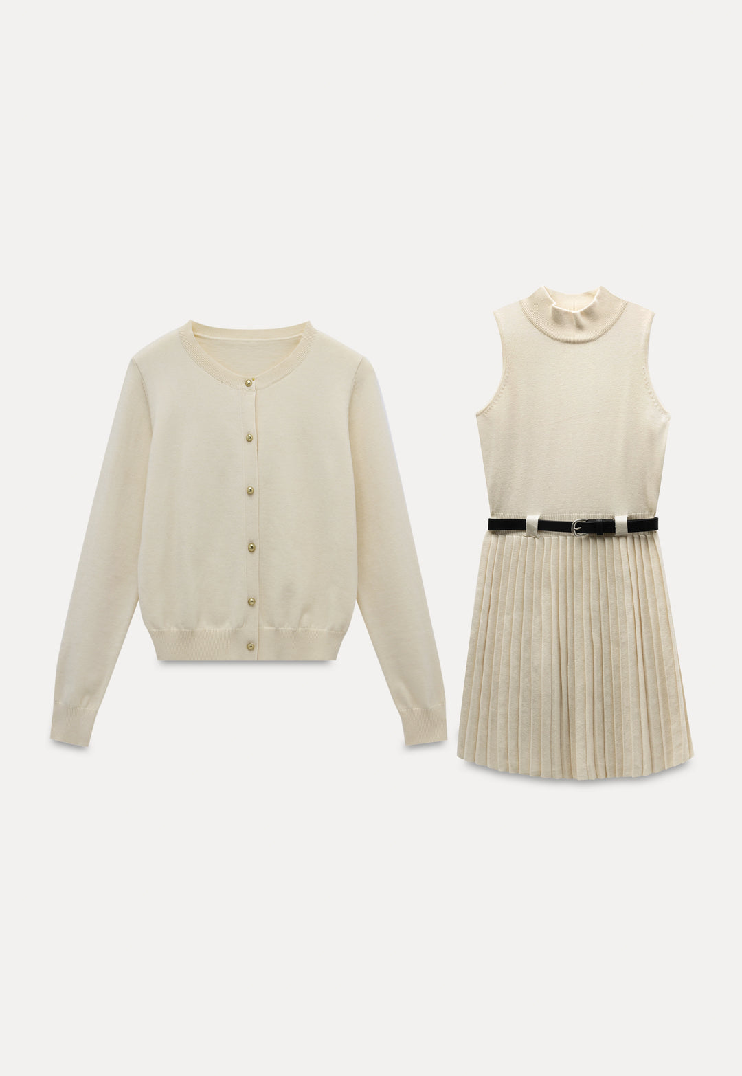 Women's Cream Cardigan and Pleated Dress Set