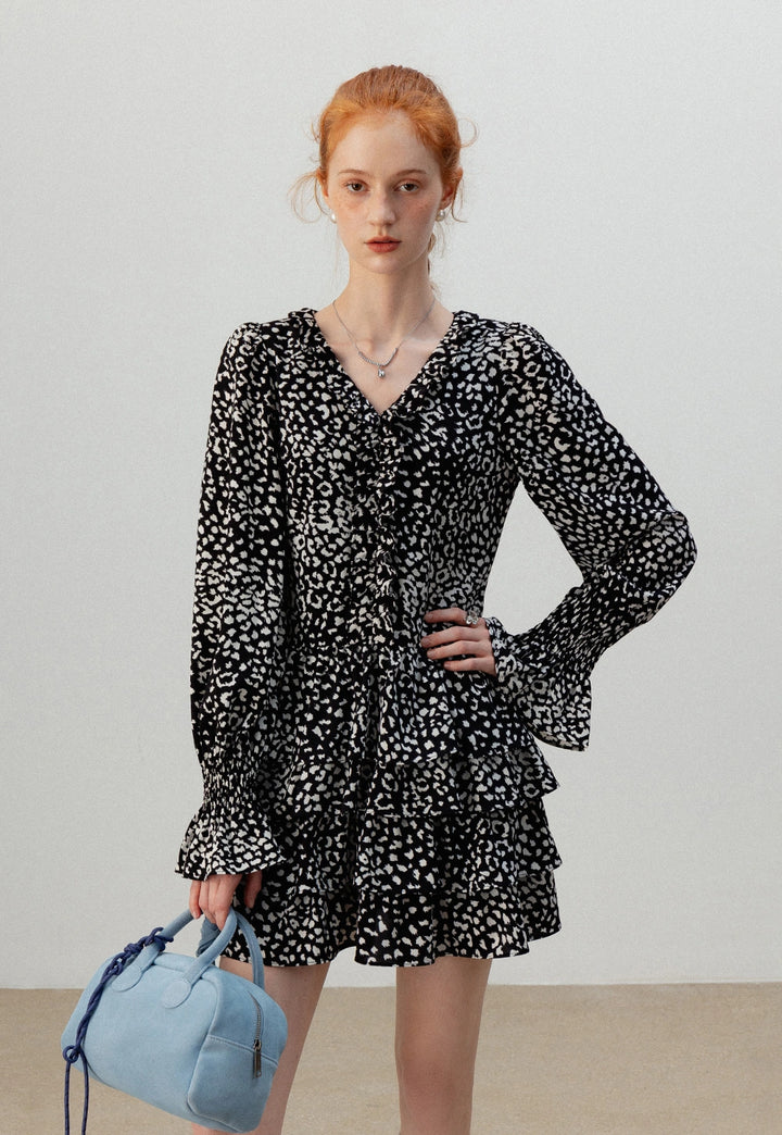 Monochrome Print Ruffle Long Sleeve Dress