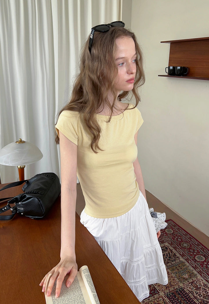 Off-Shoulder Ribbed Knit Slim Tee