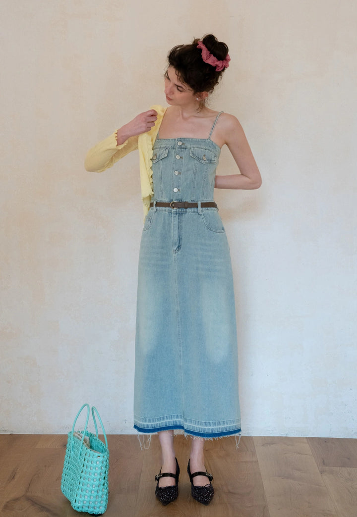 Women’s Denim Button Front Midi Dress with Belt
